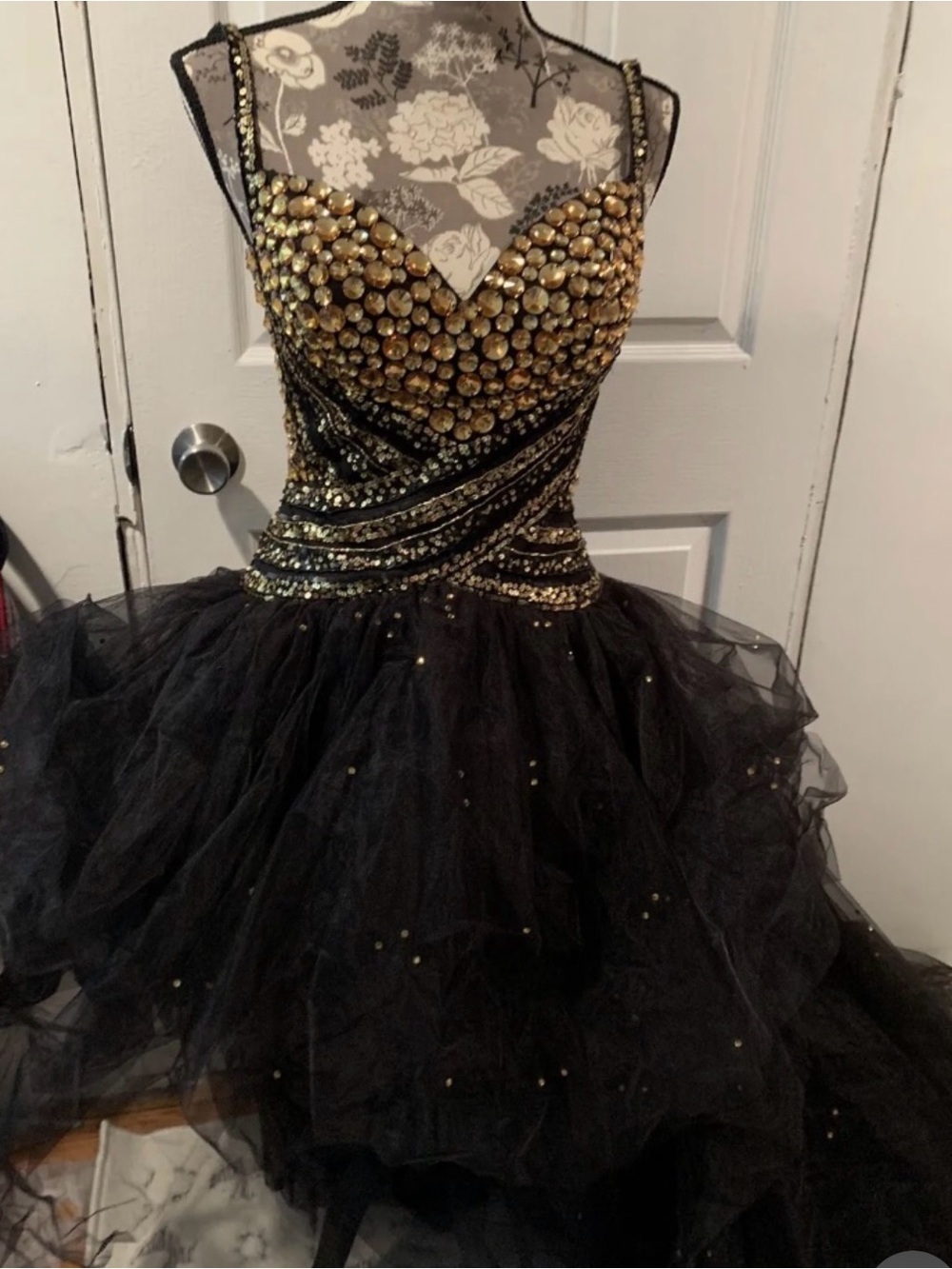 Sherri Hill Black Tulle Dress with Gold Embellished Bodice